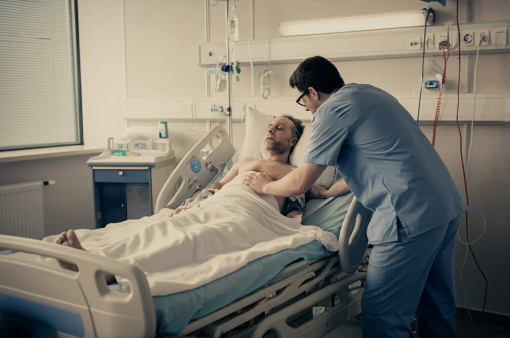 Fotografia realistica in stile reportage: un paziente con lesione midollare a letto in una stanza d'ospedale, assistito da un infermiere attento durante una procedura vicino al letto. Luce soffusa dalla finestra, obiettivo 35mm, profondità di campo che sfoca leggermente lo sfondo per concentrarsi sull'interazione. Toni caldi e freddi duotone (blu e ocra).