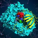Illustrazione 3D fotorealistica di un nuovo composto inibitore (NAIMS, molecola 4e) che si inserisce perfettamente nel sito attivo della proteina chinasi ERK5, bloccandone la funzione. Lo sfondo mostra una rete astratta di segnali cellulari interrotti. Obiettivo macro 100mm, alta definizione, illuminazione drammatica che evidenzia l'interazione chiave.
