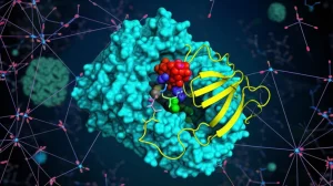 Illustrazione 3D fotorealistica di un nuovo composto inibitore (NAIMS, molecola 4e) che si inserisce perfettamente nel sito attivo della proteina chinasi ERK5, bloccandone la funzione. Lo sfondo mostra una rete astratta di segnali cellulari interrotti. Obiettivo macro 100mm, alta definizione, illuminazione drammatica che evidenzia l'interazione chiave.