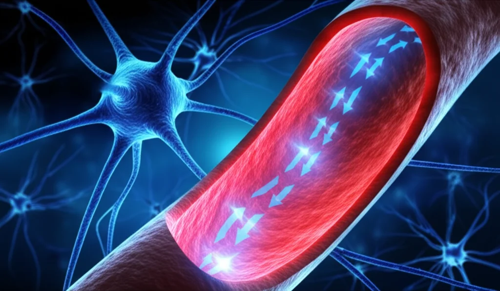 Illustrazione fotorealistica del sistema glinfatico nel cervello umano, che mostra il flusso del liquido cerebrospinale (in blu luminoso) lungo i vasi sanguigni (in rosso) attraverso gli spazi perivascolari, con neuroni stilizzati sullo sfondo. Stile scientifico dettagliato, illuminazione drammatica, lente macro 80mm, alta definizione.