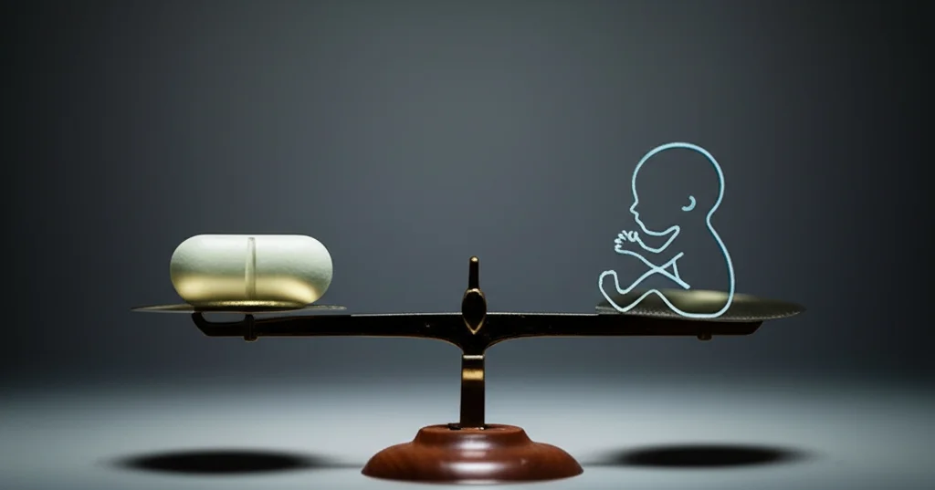 Immagine concettuale che mostra una bilancia con una compressa di metformina da un lato e un piccolo neonato stilizzato dall'altro, simboleggiando il bilanciamento tra trattamento del diabete gestazionale e rischio di basso peso alla nascita. Illuminazione drammatica, obiettivo macro 60mm.