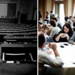 Immagine concettuale divisa verticalmente: a sinistra, una sala parlamentare tradizionale, buia e vuota, fotografata con un obiettivo 35mm in stile film noir, suggerendo obsolescenza o crisi. A destra, un gruppo eterogeneo di cittadini comuni (diverse età, etnie, generi) seduti attorno a un tavolo rotondo, impegnati in una discussione animata e costruttiva, illuminati da una luce naturale brillante, catturati con un obiettivo 50mm con profondità di campo ridotta per enfatizzare l'interazione, simboleggiando la democrazia deliberativa o sorteggiata.