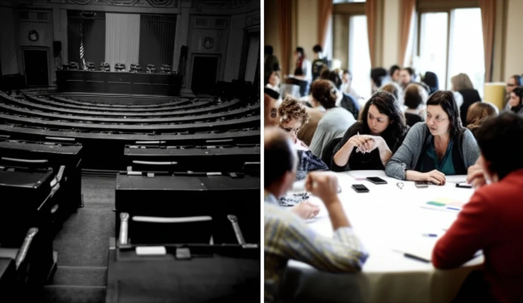 Immagine concettuale divisa verticalmente: a sinistra, una sala parlamentare tradizionale, buia e vuota, fotografata con un obiettivo 35mm in stile film noir, suggerendo obsolescenza o crisi. A destra, un gruppo eterogeneo di cittadini comuni (diverse età, etnie, generi) seduti attorno a un tavolo rotondo, impegnati in una discussione animata e costruttiva, illuminati da una luce naturale brillante, catturati con un obiettivo 50mm con profondità di campo ridotta per enfatizzare l'interazione, simboleggiando la democrazia deliberativa o sorteggiata.