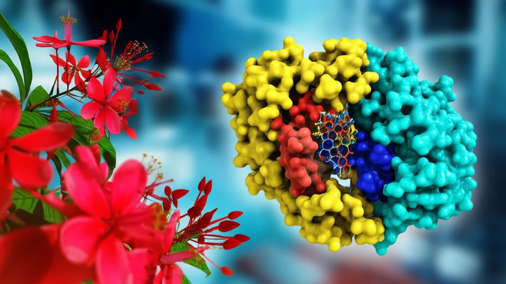 Immagine fotorealistica che combina elementi: fiori rossi vibranti di Erythrina su un lato (macro lens 60mm, luce controllata), un modello 3D dettagliato dell'enzima SARS-CoV-2 RdRp con un flavonoide (Buteina) che si lega al sito attivo sull'altro lato (precise focusing), sfondo sfumato che suggerisce un ambiente di laboratorio computazionale, rappresentando il ponte tra natura e scoperta di farmaci tramite simulazione.