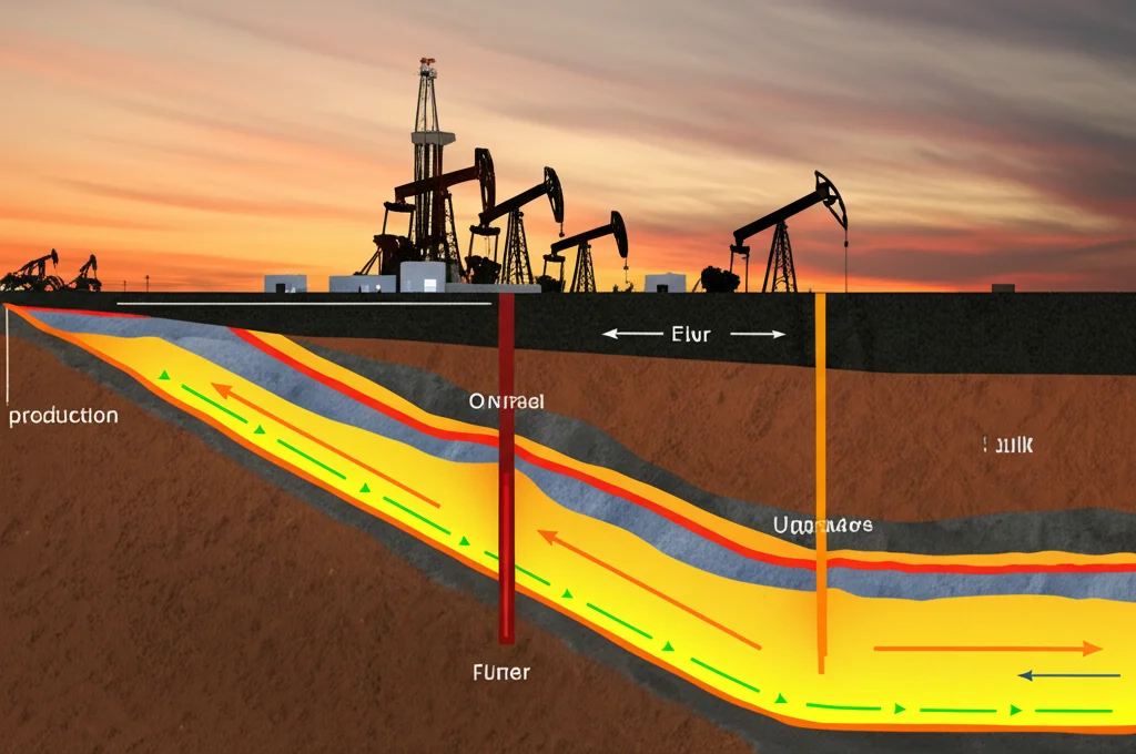 Immagine fotorealistica wide-angle, 15mm lens, di un impianto di estrazione petrolifera in un paesaggio arido al tramonto, con le strutture illuminate che si stagliano contro un cielo dai colori caldi. In primo piano, una sezione trasversale schematica del sottosuolo mostra il processo di upgrading in-situ, con fluidi colorati (rosso scuro per il petrolio pesante, giallo/arancio per quello upgradato) che fluiscono attraverso la roccia porosa verso un pozzo di produzione, sharp focus, long exposure per nuvole sfumate.