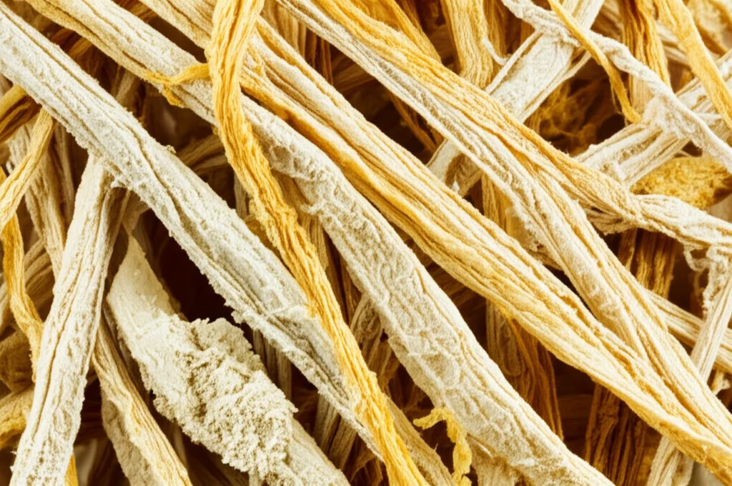 Primo piano estremo di fibre di cellulosa antiche e ingiallite, con dettagli microscopici visibili. Obiettivo macro 105mm, alta definizione, illuminazione laterale controllata per accentuare la texture e le variazioni di colore dal bianco sporco al giallo intenso.