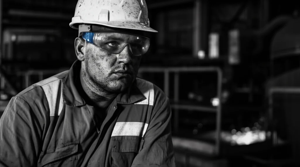Ritratto fotografico di un lavoratore siderurgico stanco ma resiliente, indossa elmetto e occhiali protettivi, sfondo industriale sfocato. Obiettivo prime 35mm, bianco e nero, profondità di campo.