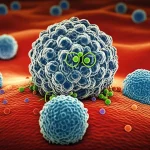 Visualizzazione 3D ad alta risoluzione di nanoparticelle (Ac)FRRF-DTX NPs che interagiscono con la superficie di una cellula tumorale. Le nanoparticelle sferiche mostrano dettagli della coniugazione peptide-farmaco sulla loro superficie. Illuminazione drammatica stile microscopia elettronica, alta definizione.