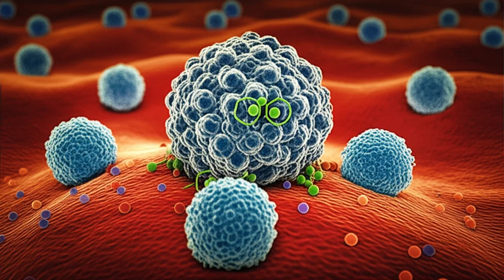 Visualizzazione 3D ad alta risoluzione di nanoparticelle (Ac)FRRF-DTX NPs che interagiscono con la superficie di una cellula tumorale. Le nanoparticelle sferiche mostrano dettagli della coniugazione peptide-farmaco sulla loro superficie. Illuminazione drammatica stile microscopia elettronica, alta definizione.