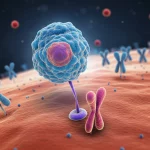 Visualizzazione fotorealistica 3D di una molecola di D-serina interagente con un recettore NMDAR su una membrana neuronale, vicino a fibrille di beta-amiloide, stile macro con focale 70mm, alta definizione, illuminazione drammatica, che simboleggia il ruolo precoce della D-serina nella patofisiologia dell'Alzheimer legata all'amiloide.