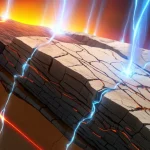 Visualizzazione fotorealistica di una zona di subduzione terrestre vista in sezione, con una placca oceanica scura che sprofonda sotto una placca continentale più chiara nel mantello terrestre incandescente. Fluidi luminosi (rappresentati come scie eteree bluastre) risalgono dalla placca in subduzione interagendo con le rocce sovrastanti. Focus sui dettagli geologici delle rocce fratturate e sui fluidi che percolano. Obiettivo grandangolare 15mm, lunga esposizione per enfatizzare il movimento etereo dei fluidi, messa a fuoco nitida sulle strutture rocciose.