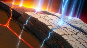 Visualizzazione fotorealistica di una zona di subduzione terrestre vista in sezione, con una placca oceanica scura che sprofonda sotto una placca continentale più chiara nel mantello terrestre incandescente. Fluidi luminosi (rappresentati come scie eteree bluastre) risalgono dalla placca in subduzione interagendo con le rocce sovrastanti. Focus sui dettagli geologici delle rocce fratturate e sui fluidi che percolano. Obiettivo grandangolare 15mm, lunga esposizione per enfatizzare il movimento etereo dei fluidi, messa a fuoco nitida sulle strutture rocciose.