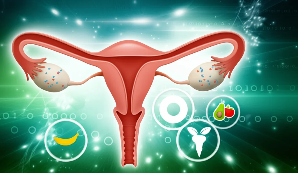 Illustrazione medica concettuale che mostra cellule immunitarie stilizzate (linfociti, macrofagi) che interagiscono positivamente con simboli di nutrizione (frutta, verdura, proteine stilizzate) attorno a una rappresentazione schematica delle ovaie, sfondo astratto luminoso nei toni del verde e dell'azzurro, alta definizione.