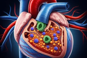 Illustrazione scientifica stilizzata di un cuore umano con un focus su un cardiomiocita ingrandito che mostra l'interazione tra le proteine STING e GPX4 nel contesto del danno da ischemia-riperfusione e della ferroptosi. Colori vibranti ma realistici, alta definizione, obiettivo 35mm con profondità di campo per focalizzare l'attenzione.