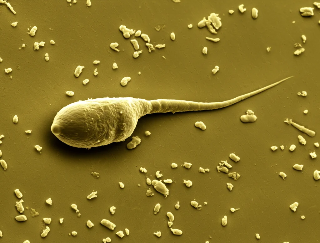 Immagine al microscopio elettronico a scansione ad altissimo dettaglio di uno spermatozoo bovino, lente macro 105mm, illuminazione da laboratorio controllata, focus preciso sulla testa e la coda dello spermatozoo, evidenziando la sua struttura complessa.