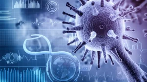 Immagine concettuale astratta del virus HPV con sfondo di dati scientifici e grafici di ricerca medica, colori blu e viola duotone, profondità di campo, stile fotorealistico.
