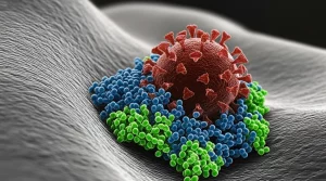 Immagine fotorealistica al microscopio elettronico a scansione colorata artificialmente che mostra un singolo virus influenzale (sfera con spicole rosse) attaccato alla superficie curva di una cellula epiteliale (grigia). Si evidenziano in verde brillante le molecole recettoriali EGFR che si raggruppano attorno al virus e in blu le proteine della clatrina che iniziano a formare una fossetta per l'endocitosi. Dettaglio nanometrico estremo, illuminazione drammatica laterale, lente macro 100mm, high detail, precise focusing, controlled lighting.