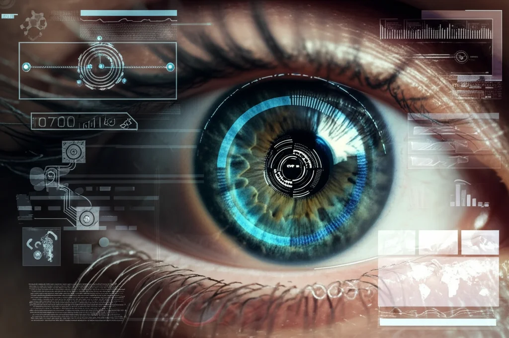 Immagine fotorealistica di un occhio umano digitale con sovrapposizioni grafiche high-tech che evidenziano la segmentazione precisa dell'iride tramite logica neutrosofica T1k, obiettivo macro 90mm, profondità di campo ridotta che sfoca lo sfondo, illuminazione drammatica laterale.