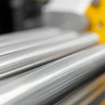 Immagine fotorealistica di un tubo senza saldatura in acciaio maraging MLX®19 appena uscito da un processo di flow forming, simbolo di manifattura sostenibile. Dettagli macro sulla superficie metallica lucida, obiettivo 60mm, illuminazione controllata che esalta la precisione della formatura.