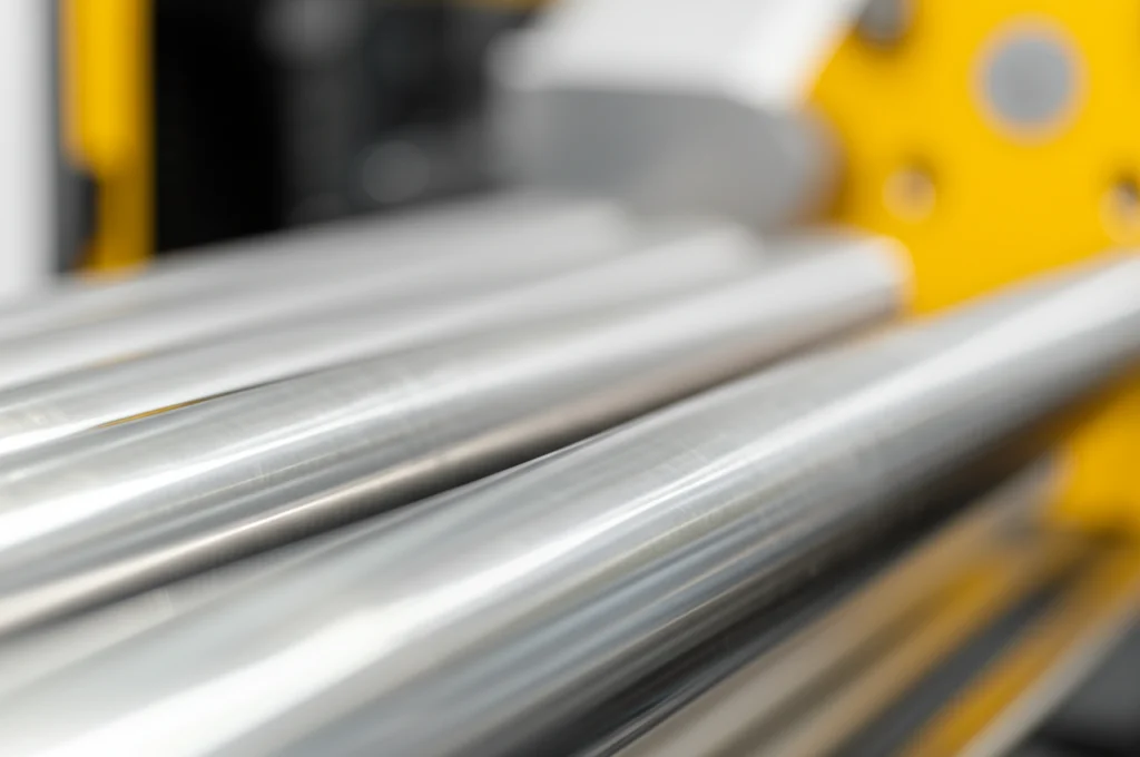 Immagine fotorealistica di un tubo senza saldatura in acciaio maraging MLX®19 appena uscito da un processo di flow forming, simbolo di manifattura sostenibile. Dettagli macro sulla superficie metallica lucida, obiettivo 60mm, illuminazione controllata che esalta la precisione della formatura.