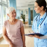 Immagine fotorealistica di una donna sorridente che parla con un'infermiera in un ambiente ospedaliero luminoso e accogliente, simboleggiando un'esperienza positiva di cura post-cancro. Ritratto con obiettivo 35mm, luce naturale, colori caldi, profondità di campo.