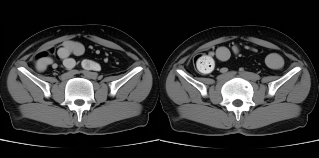 Immagine medica fotorealistica che mostra un confronto affiancato di scansioni TC e RM del bacino, evidenziando i linfonodi regionali in un paziente con cancro rettale. Illuminazione da studio medico, focus nitido sui linfonodi valutati con il sistema Node-RADS, leggera profondità di campo.