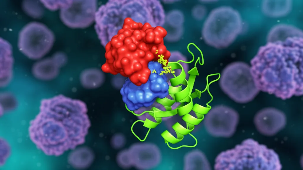 Visualizzazione 3D fotorealistica della proteina FOXM1 (struttura a nastro colorata) che si lega a un segmento di DNA all'interno del nucleo di una cellula renale, sfondo sfocato con cromatina, illuminazione scientifica precisa che evidenzia il sito di legame, lente macro 100mm, alta definizione.