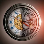 Visualizzazione concettuale di un orologio biologico umano stilizzato, metà illuminato dal sole (giorno) e metà dalla luna (notte), con ingranaggi interni visibili che interagiscono con simboli di cuore, cervello e DNA. Fotografia con obiettivo 50mm, profondità di campo per isolare l'orologio, illuminazione drammatica divisa tra calda e fredda, alta definizione, dettagli nitidi.