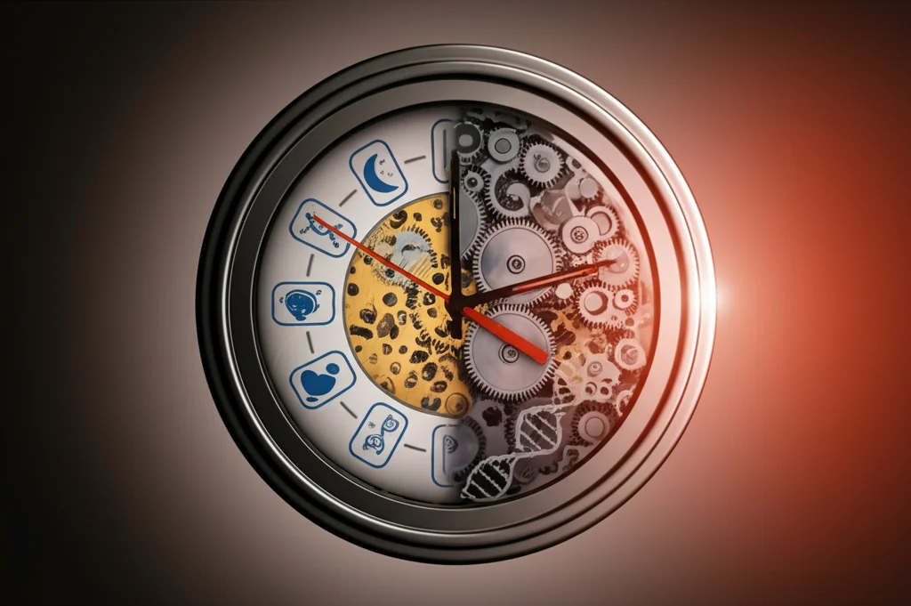 Visualizzazione concettuale di un orologio biologico umano stilizzato, metà illuminato dal sole (giorno) e metà dalla luna (notte), con ingranaggi interni visibili che interagiscono con simboli di cuore, cervello e DNA. Fotografia con obiettivo 50mm, profondità di campo per isolare l'orologio, illuminazione drammatica divisa tra calda e fredda, alta definizione, dettagli nitidi.