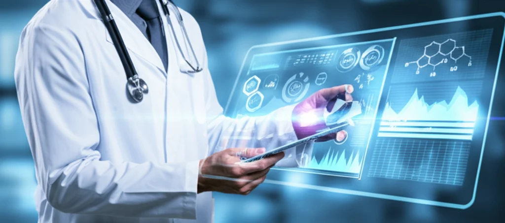 Illustrazione concettuale di un medico che analizza dati su un tablet futuristico, con grafici di deep learning e simboli del diabete (goccia di sangue, molecola di glucosio) sovrapposti. Obiettivo prime 50mm, profondità di campo, toni blu e argento duotone.