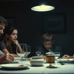 Immagine concettuale di una famiglia che cerca di comunicare durante un pasto teso in una sala da pranzo poco illuminata, luce drammatica proveniente da una singola fonte, obiettivo 35mm, profondità di campo che mette a fuoco i volti preoccupati dei genitori e del figlio adolescente, toni seppia e blu duotone per accentuare la difficoltà emotiva.