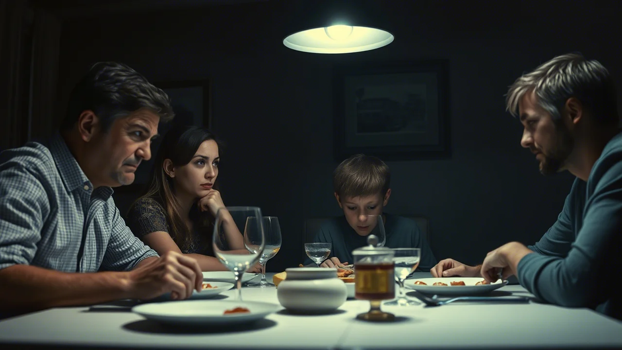 Immagine concettuale di una famiglia che cerca di comunicare durante un pasto teso in una sala da pranzo poco illuminata, luce drammatica proveniente da una singola fonte, obiettivo 35mm, profondità di campo che mette a fuoco i volti preoccupati dei genitori e del figlio adolescente, toni seppia e blu duotone per accentuare la difficoltà emotiva.