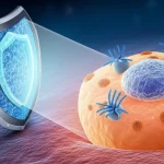 Immagine concettuale fotorealistica che mostra una cellula di carcinoma epatocellulare (HCC) stilizzata che proietta uno scudo invisibile (rappresentante PD-L1) contro cellule T immunitarie attaccanti. Sullo sfondo, una rappresentazione astratta della cascata molecolare KIAA1429/KDM5B/FoxO1. Obiettivo prime 35mm, profondità di campo, illuminazione drammatica, toni blu e arancio duotone.