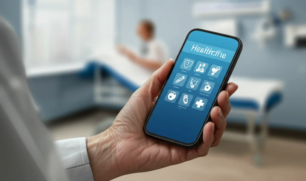 Immagine fotorealistica che mostra la mano di una persona adulta che tiene uno smartphone. Sullo schermo è visibile un'interfaccia di un'app sanitaria moderna e accessibile, con icone chiare e opzioni personalizzabili. Sullo sfondo, sfocato, si intravede un ambiente medico accogliente. Obiettivo 50mm, profondità di campo, luce calda e naturale.