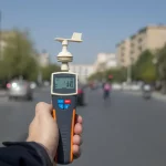 Immagine fotorealistica di un moderno strumento scientifico portatile (simile a una stazione meteo compatta) che misura temperatura, umidità e radiazione solare in una strada urbana di Tabriz. Lo strumento è tenuto in mano da un ricercatore (fuori fuoco). Sullo sfondo, una tipica strada urbana con edifici di media altezza e traffico leggero. Obiettivo macro 85mm, messa a fuoco precisa sui sensori dello strumento, sfondo sfocato (bokeh) della città, luce naturale pomeridiana brillante.