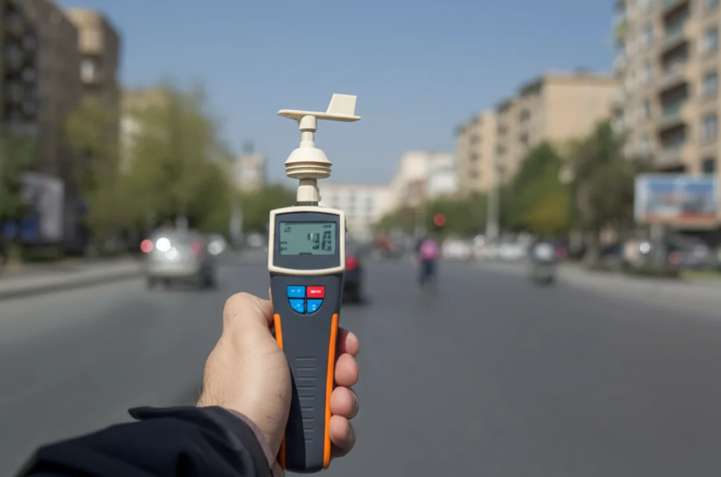 Immagine fotorealistica di un moderno strumento scientifico portatile (simile a una stazione meteo compatta) che misura temperatura, umidità e radiazione solare in una strada urbana di Tabriz. Lo strumento è tenuto in mano da un ricercatore (fuori fuoco). Sullo sfondo, una tipica strada urbana con edifici di media altezza e traffico leggero. Obiettivo macro 85mm, messa a fuoco precisa sui sensori dello strumento, sfondo sfocato (bokeh) della città, luce naturale pomeridiana brillante.