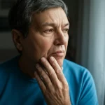 Persona adulta con espressione leggermente sofferente che si tocca la guancia, simboleggiando il disagio della bocca secca (xerostomia) associata al diabete tipo 2, fotografia ritratto 35mm, profondità di campo, luce naturale soffusa che entra da una finestra.