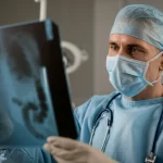Primo piano di un chirurgo pediatrico che esamina attentamente una radiografia intestinale di un bambino affetto da Morbo di Hirschsprung. Prime lens, 35mm, profondità di campo ridotta per focalizzare sul volto concentrato del medico e sulla radiografia. Luce soffusa da studio.