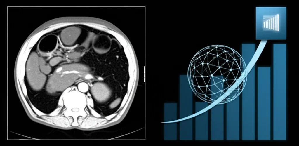 Primo piano di uno schermo medico che mostra una scansione MRI del pancreas ad altissima definizione, risultato di una ricostruzione con deep learning. Accanto, un grafico stilizzato simboleggia l'intervento dell'intelligenza artificiale. Fotografia still life, obiettivo macro 100mm, alta definizione, illuminazione da studio controllata.