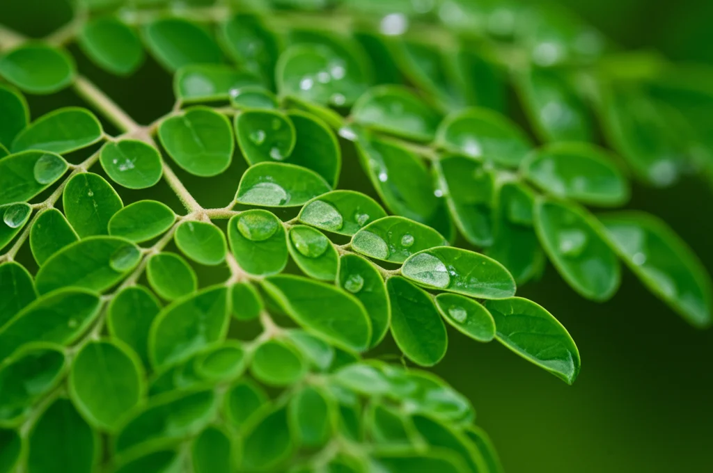 Primo piano macro di foglie fresche di Moringa Oleifera, gocce di rugiada scintillanti visibili sulle venature. Scatto realizzato con lente macro 105mm, illuminazione controllata da studio che crea un leggero chiaroscuro, altissimo dettaglio della texture fogliare, sfondo verde naturale dolcemente sfocato.