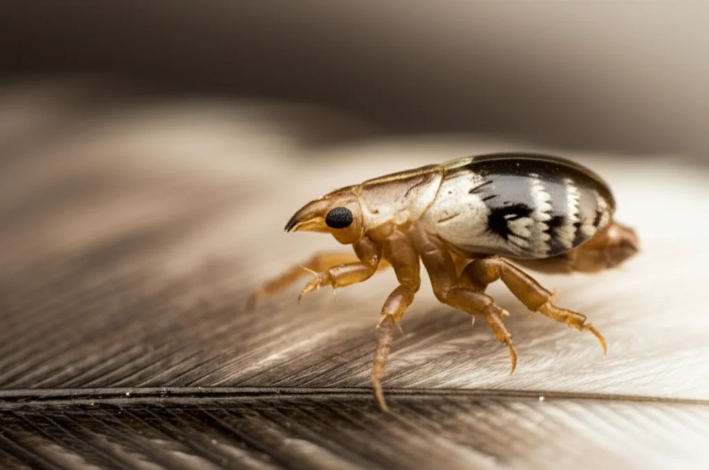 Primo piano macro di un pidocchio masticatore (Phthiraptera) su una piuma di Fringuello Domestico, obiettivo macro 90mm, alta definizione, illuminazione laterale controllata per enfatizzare la texture della piuma e i dettagli del parassita, sfondo leggermente sfocato.