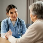 Ritratto fotografico a colori caldi di un caregiver sorridente che interagisce gentilmente con una persona anziana affetta da Alzheimer in un ambiente domestico luminoso, obiettivo 50mm, profondità di campo ridotta per focalizzare sull'interazione.