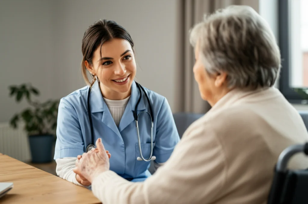 Ritratto fotografico a colori caldi di un caregiver sorridente che interagisce gentilmente con una persona anziana affetta da Alzheimer in un ambiente domestico luminoso, obiettivo 50mm, profondità di campo ridotta per focalizzare sull'interazione.