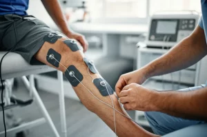 Un fisioterapista applica con cura elettrodi TENS e NMES sulla gamba di un paziente anziano durante una sessione di riabilitazione post-ictus in un ambiente clinico moderno e luminoso. Fotografia stile ritratto, obiettivo 35mm, profondità di campo per sfocare leggermente lo sfondo e mantenere il focus sull'interazione e la tecnologia applicata.