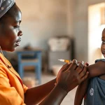 Fotografia realistica di un operatore sanitario zambiano che somministra un vaccino contro il morbillo a un bambino piccolo in una clinica rurale luminosa ma semplice, simbolo della cruciale ripresa delle vaccinazioni post-pandemia. Obiettivo 50mm prime, luce naturale, colori vividi ma realistici, profondità di campo media che mostra l'ambiente circostante ma mantiene il focus sull'atto della vaccinazione.