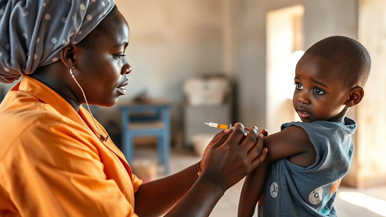 Fotografia realistica di un operatore sanitario zambiano che somministra un vaccino contro il morbillo a un bambino piccolo in una clinica rurale luminosa ma semplice, simbolo della cruciale ripresa delle vaccinazioni post-pandemia. Obiettivo 50mm prime, luce naturale, colori vividi ma realistici, profondità di campo media che mostra l'ambiente circostante ma mantiene il focus sull'atto della vaccinazione.