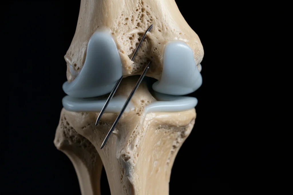 Immagine concettuale che confronta visivamente la tecnica AO con fili di Kirschner (sinistra) e la tecnica con pin perforati e cavo metallico (destra) applicate a un modello 3D di rotula fratturata. Illuminazione drammatica che evidenzia i dettagli metallici e la struttura ossea, profondità di campo selettiva, obiettivo 50mm, stile fotorealistico.