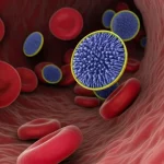 Immagine fotorealistica, macro lens, 100mm, high detail, precise focusing, che mostra piastrine ingegnerizzate, forse con strutture interne sottilmente evidenziate che rappresentano il carico proteico, che circolano vicino ad altre cellule del sangue in una rappresentazione astratta di un vaso sanguigno, controlled lighting.