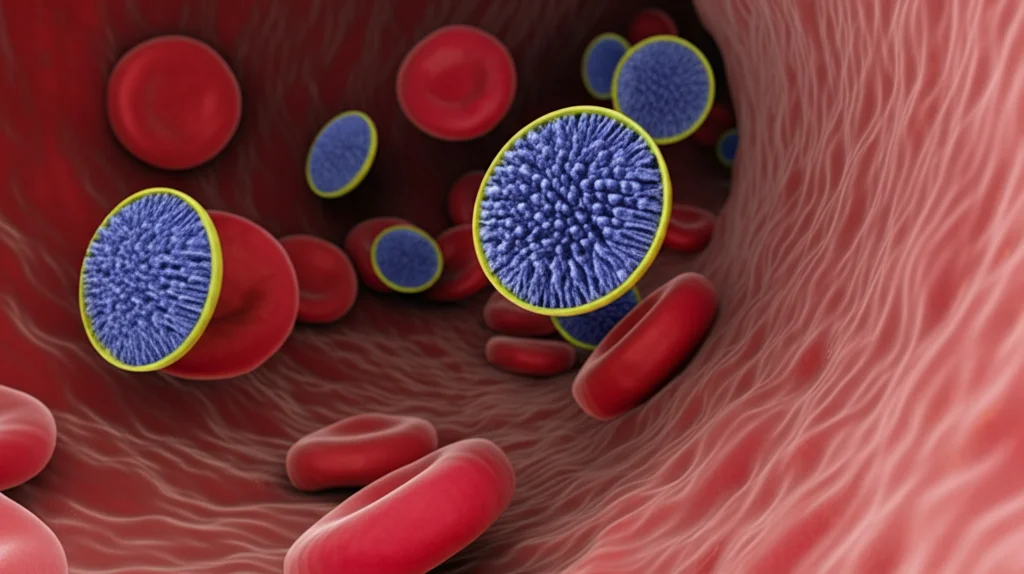 Immagine fotorealistica, macro lens, 100mm, high detail, precise focusing, che mostra piastrine ingegnerizzate, forse con strutture interne sottilmente evidenziate che rappresentano il carico proteico, che circolano vicino ad altre cellule del sangue in una rappresentazione astratta di un vaso sanguigno, controlled lighting.