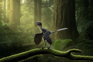 Ricostruzione fotorealistica di un Microraptor appollaiato su un ramo coperto di muschio in una foresta del Cretaceo, teleobiettivo zoom 200mm, tracciamento del movimento che suggerisce un atterraggio recente, mostra il corpo intero con quattro arti piumati ben visibili, luce soffusa del mattino.